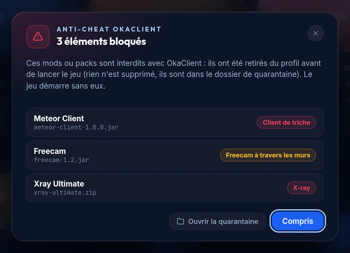 "OkaClient anti-cheat" window: three items blocked and quarantined before launch