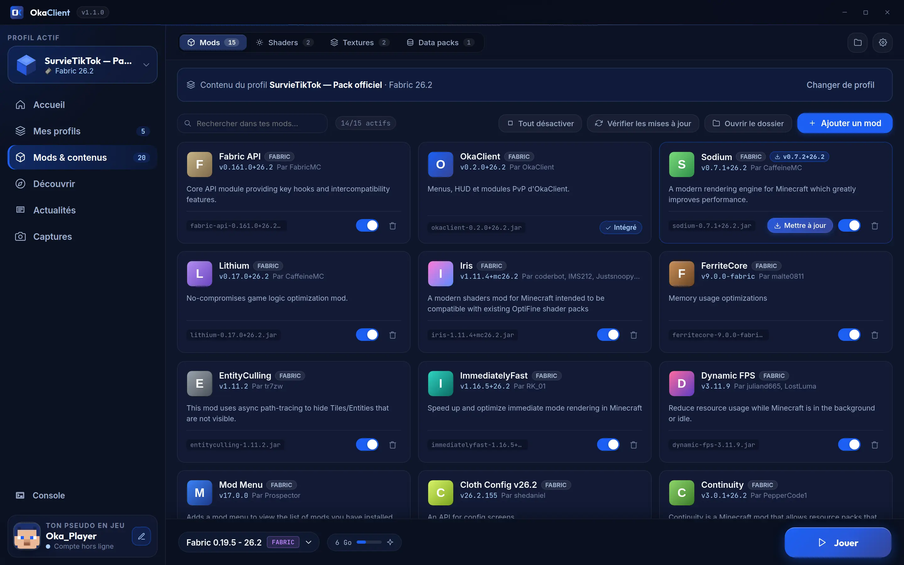 "Mods & content" page: list of the mods installed in the profile