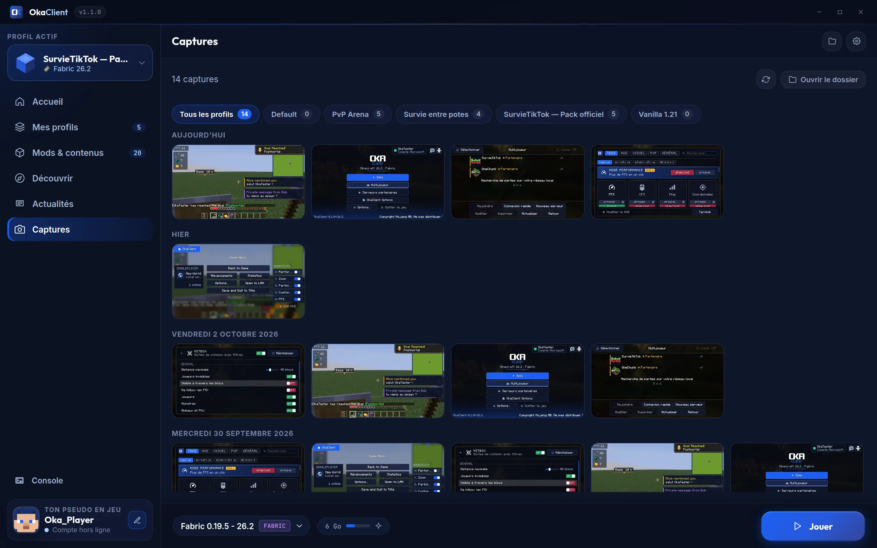 Screenshot gallery: in-game pictures sorted by day, with profile filters