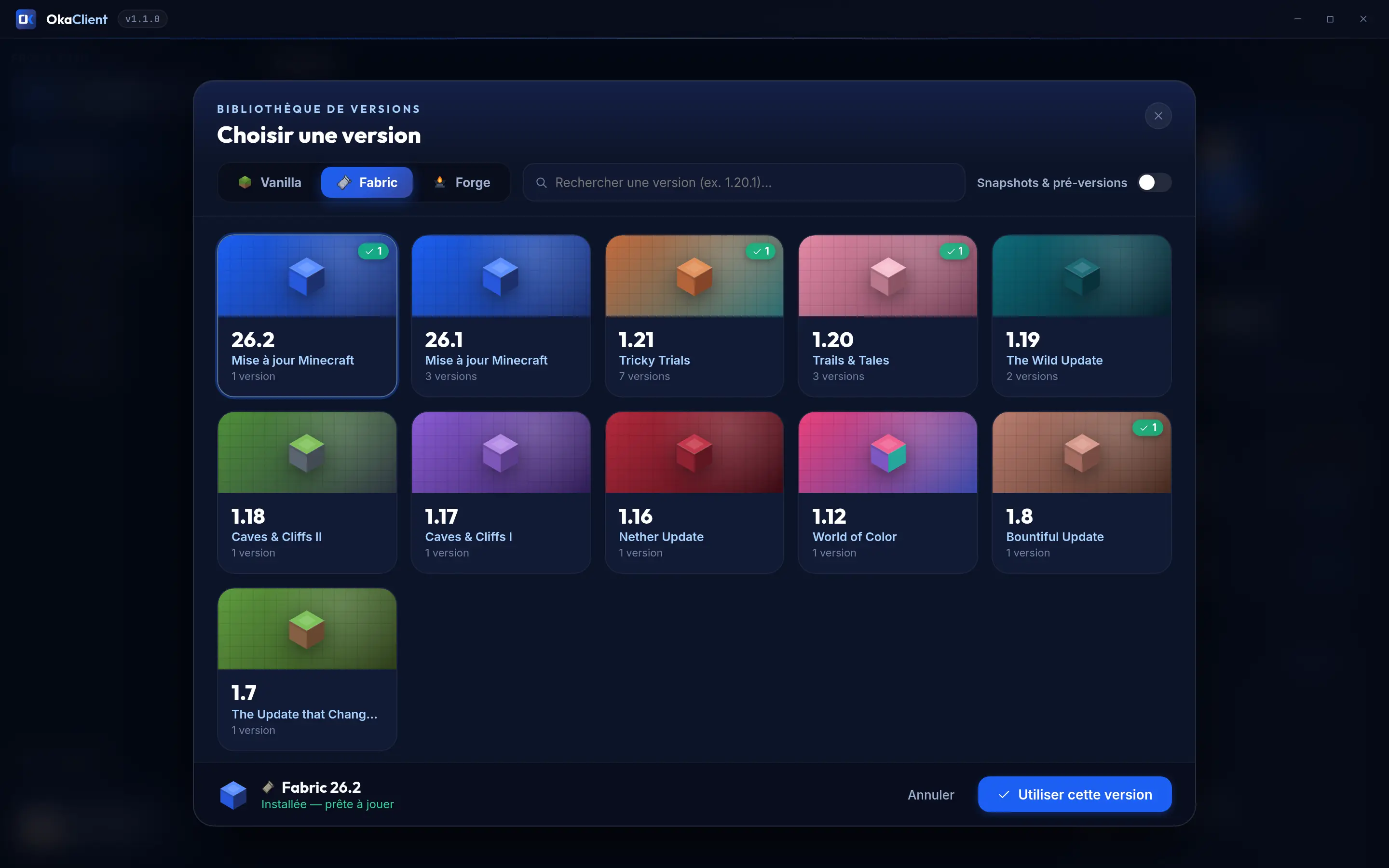 Version library: from 1.7 to 26.2, in Vanilla, Fabric or Forge