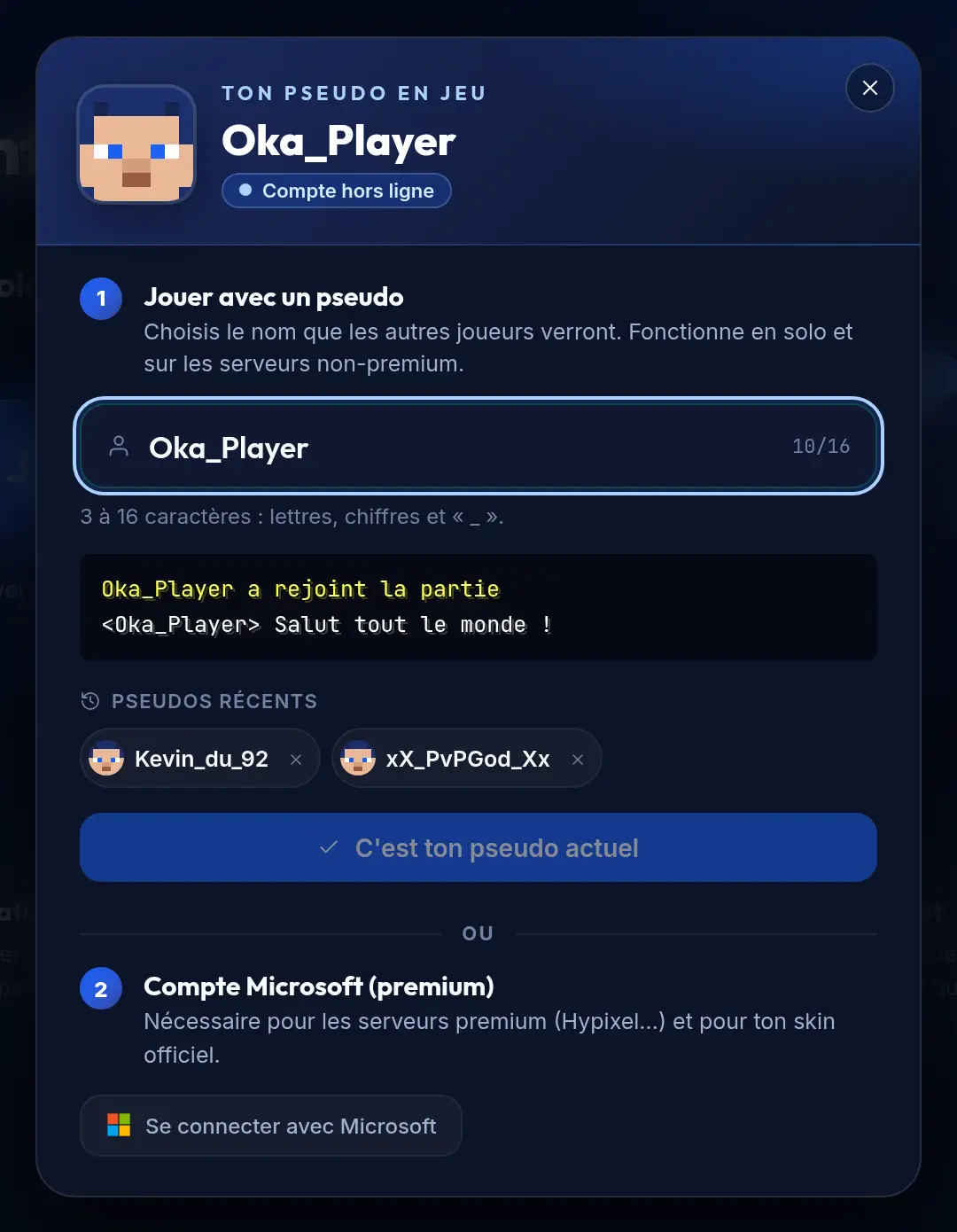 The launcher's "Your in-game name" window: play with a username, or sign in with a Microsoft account (premium)