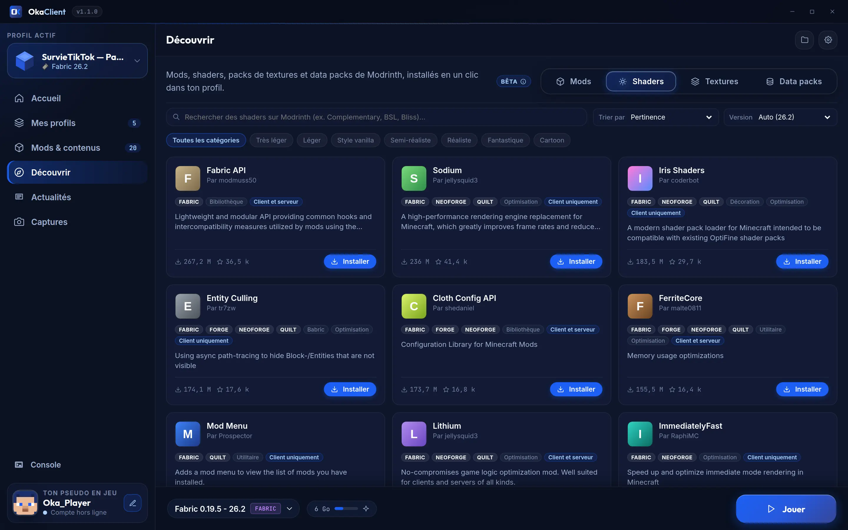 Discover: Modrinth shader catalog in the launcher
