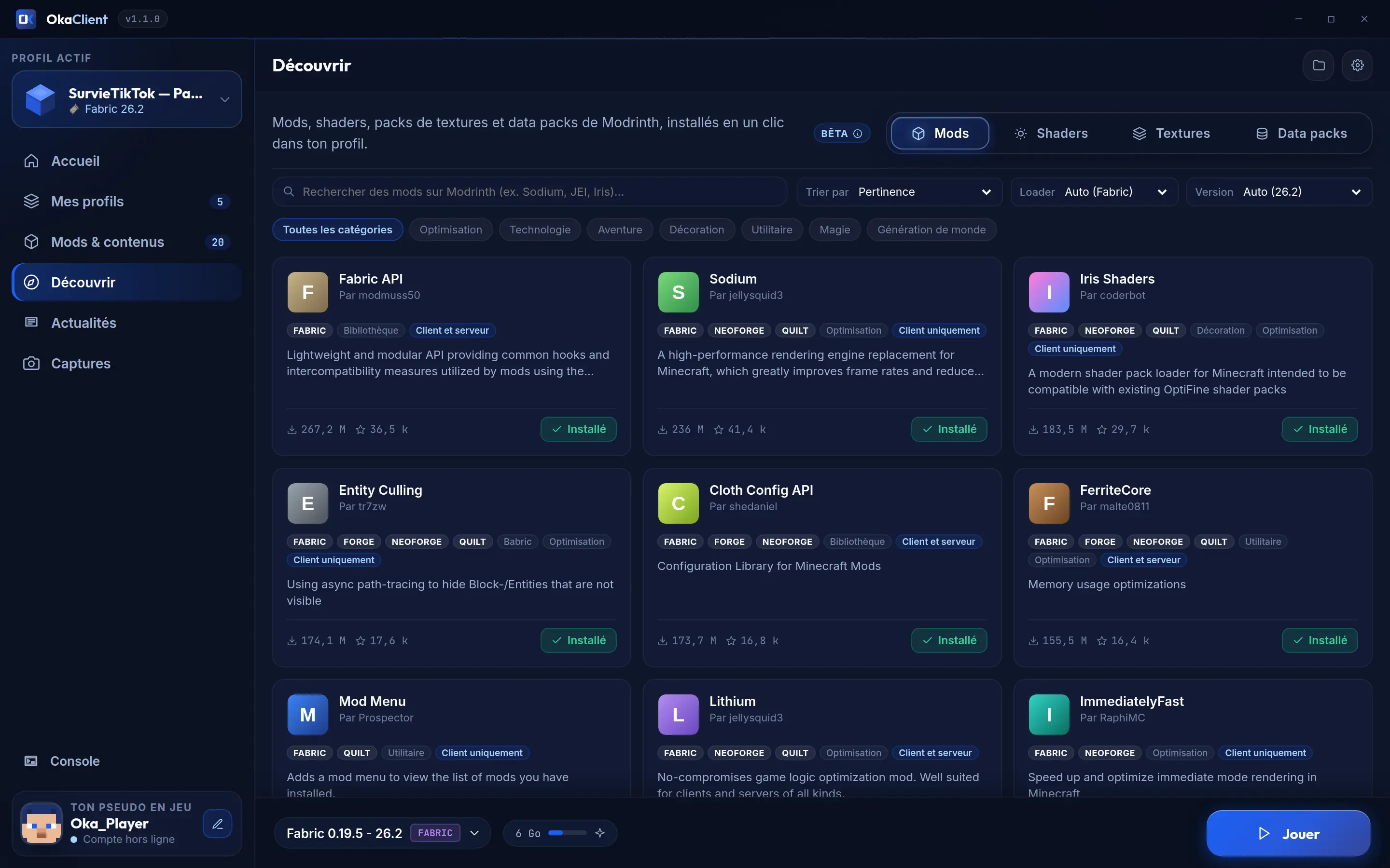 "Discover" page: Modrinth mod catalog with filters and Install buttons