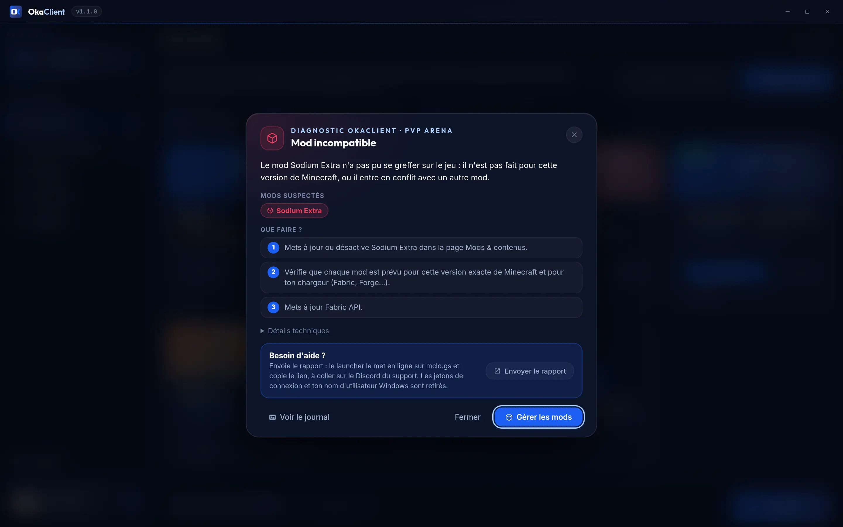 Crash diagnostics: "Incompatible mod", with the cause and the steps to fix it