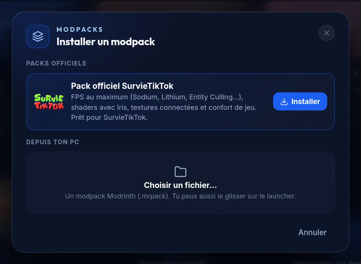 "Install a modpack" window: official SurvieTikTok pack or a .mrpack file