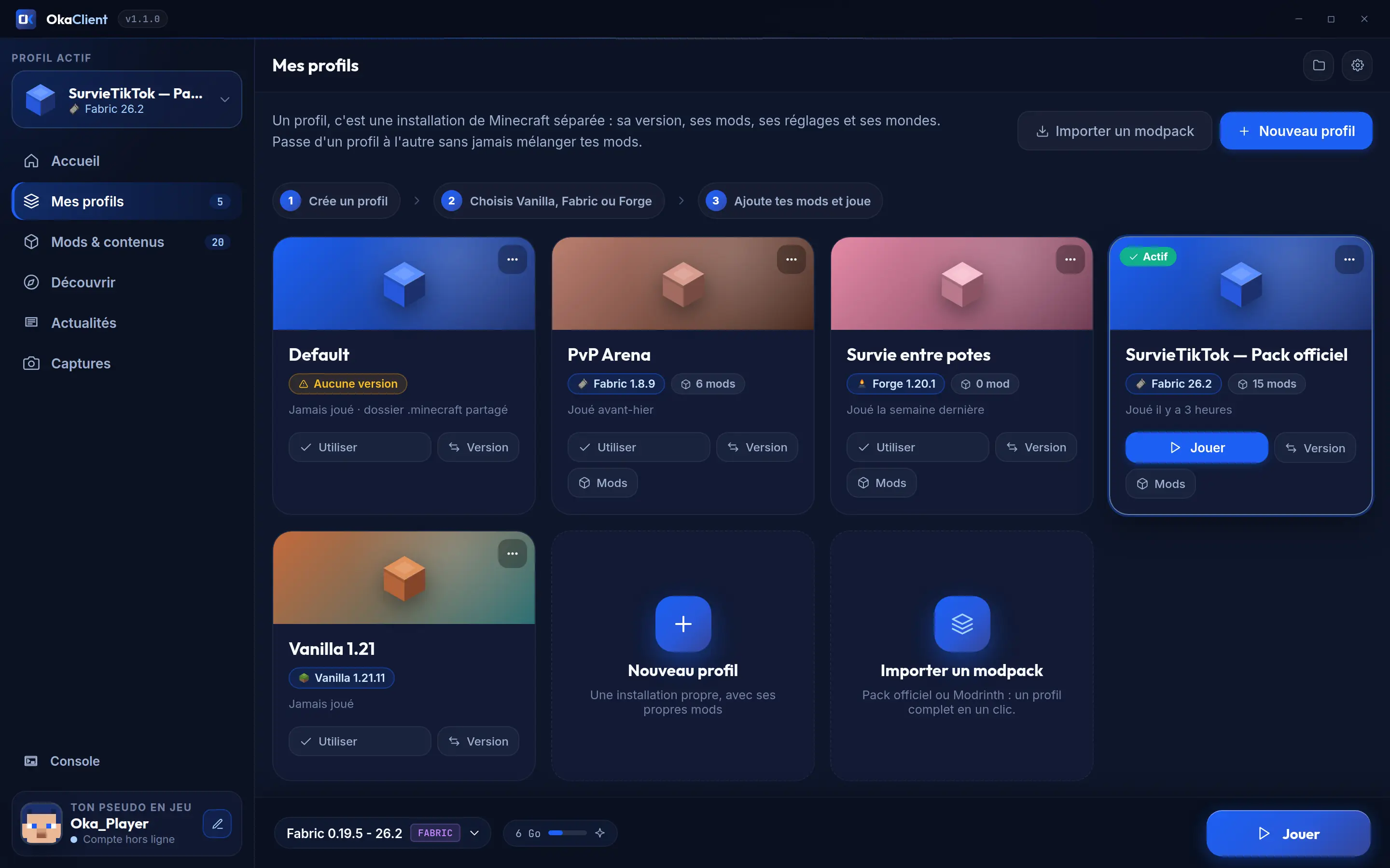 "My profiles" page: five profiles (Vanilla, Fabric, Forge) and modpack import