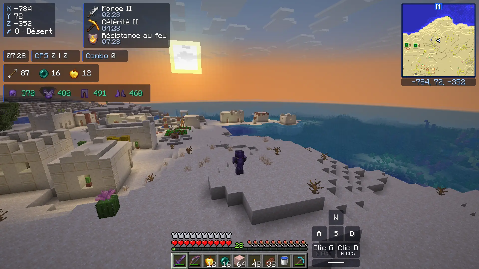 Legit freecam: the camera films the character from outside, in a desert village by the sea, at sunset