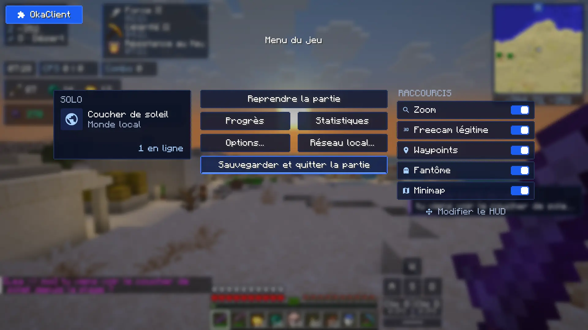 OkaClient pause menu: card of the current world, mod shortcuts (Zoom, Legit freecam, Waypoints, Ghost, Minimap) and "Edit HUD"
