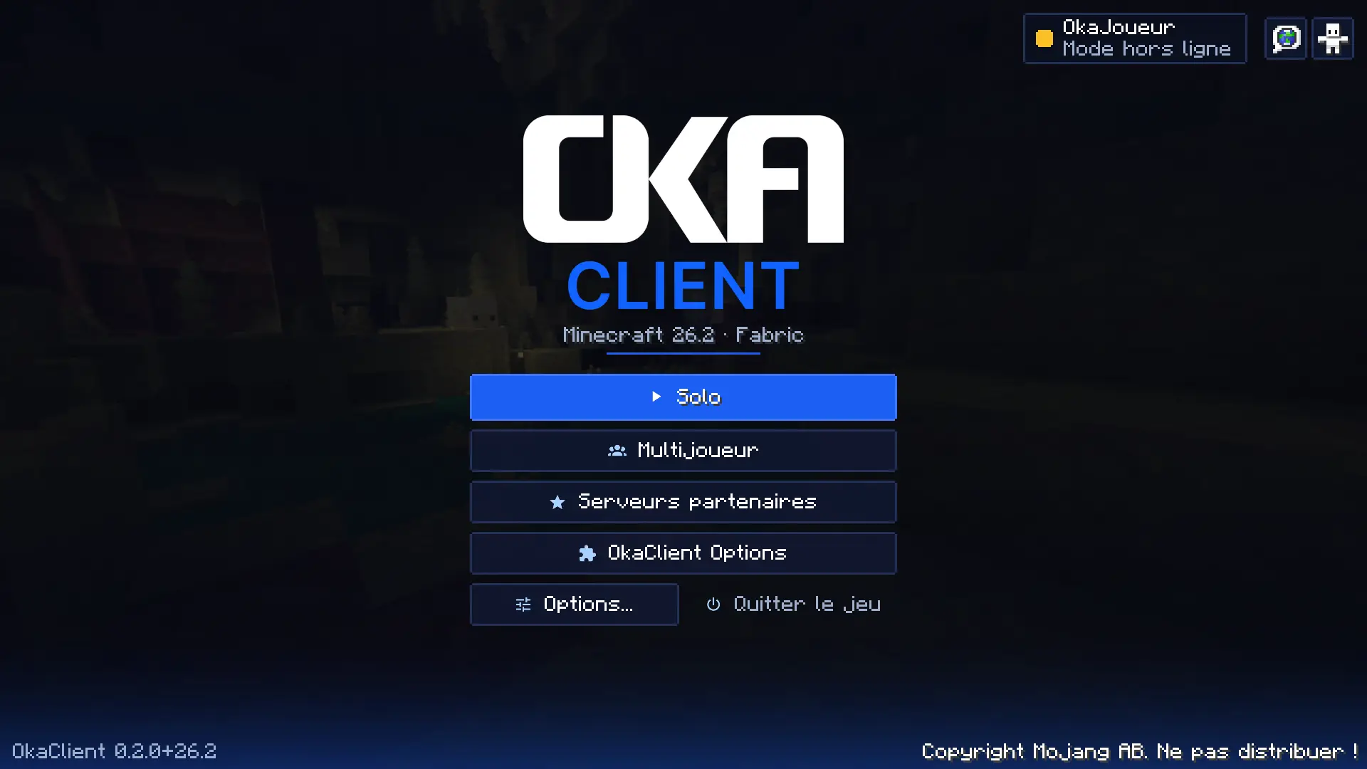 OkaClient main menu: Singleplayer, Multiplayer, Partner servers, OkaClient Options