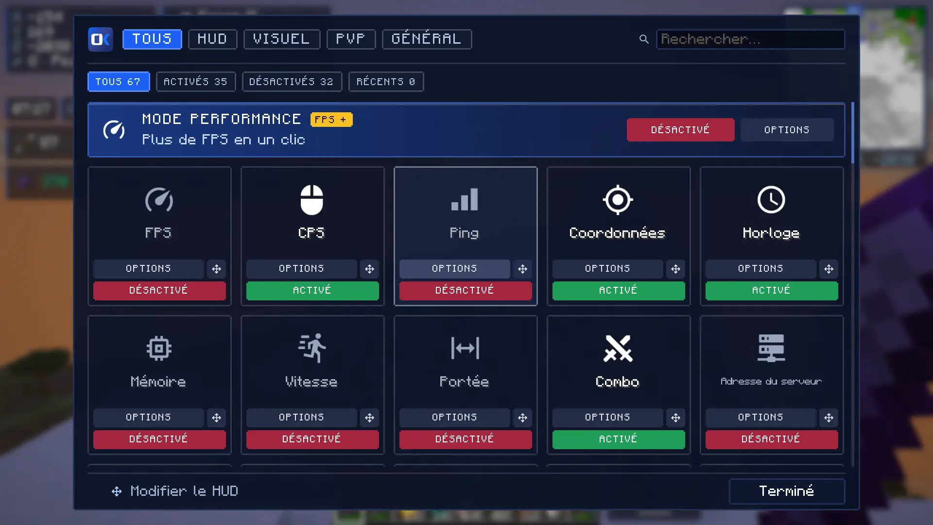 OkaClient Options screen in game: All, HUD, Visual, PvP and General tabs, Performance mode banner and module cards