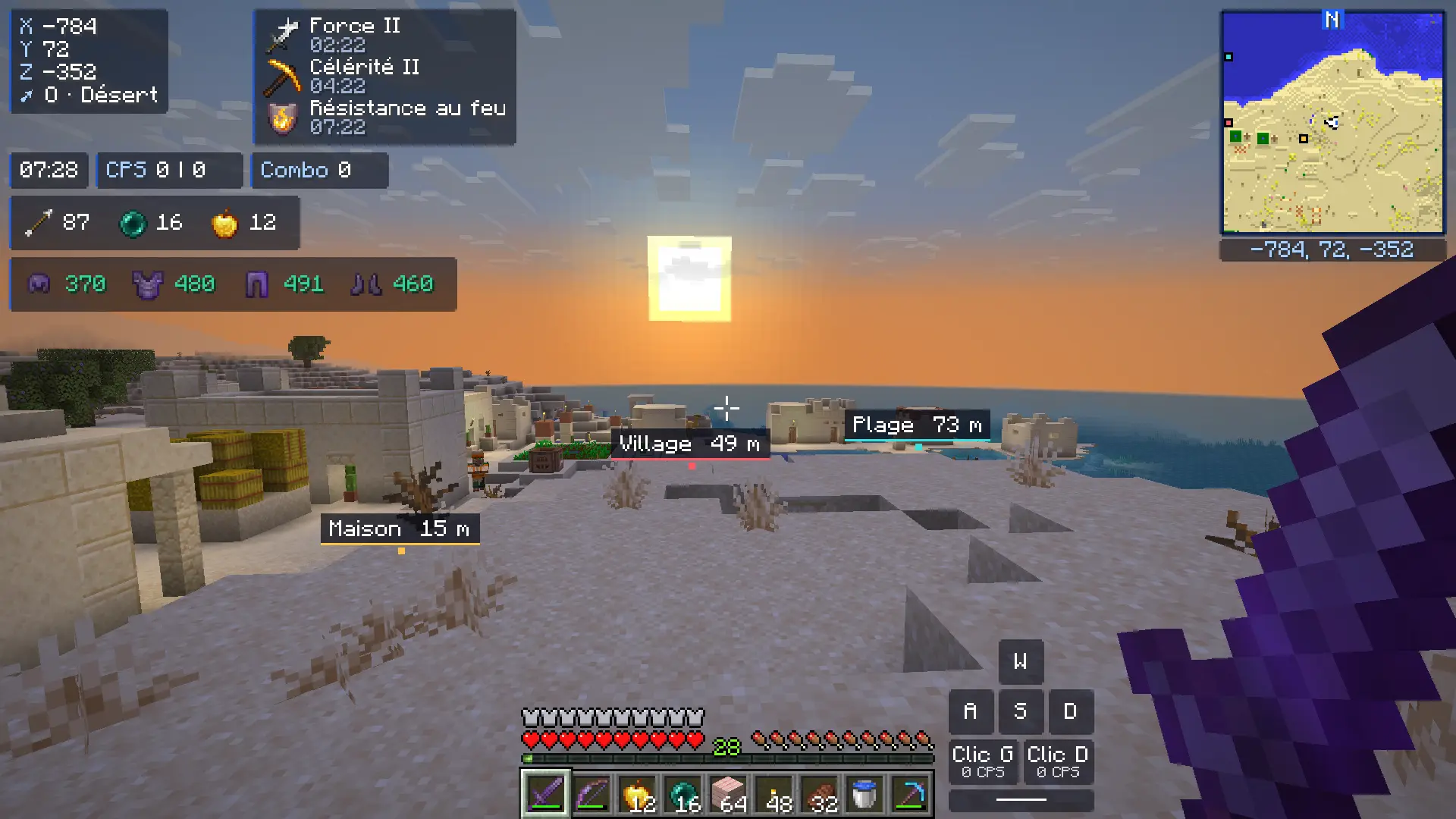 Three named waypoints in the world (Home, Village, Beach) with their distance, and their dots on the minimap